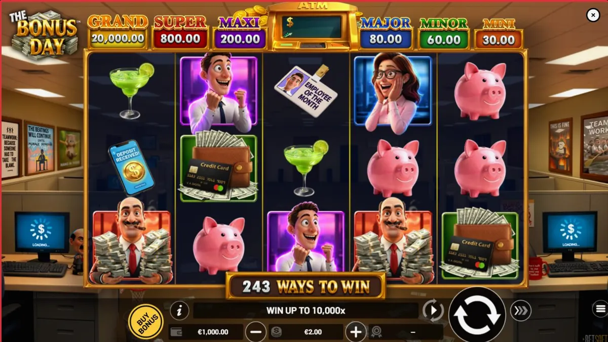 The Bonus Day slot machine interface featuring office-themed symbols and characters