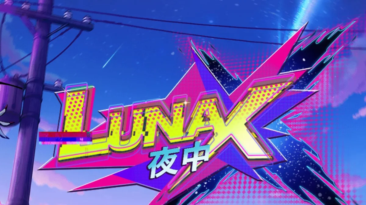 Isang neon-themed na anime slot na Luna X na may mga futuristic na simbolo at makulay na background.