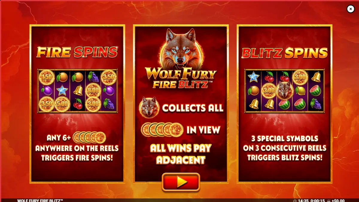 Wolf Fury Fire Blitz slot game interface na may mga prutas at lobo